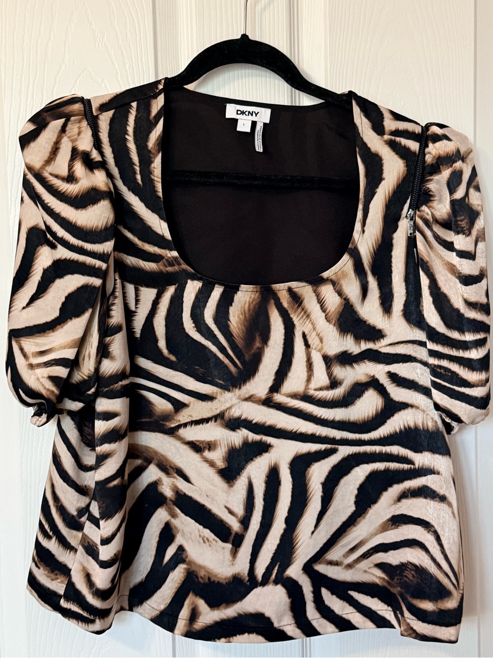 DKNY Black and Brown Zebra-Print Scoop Neck Blouse